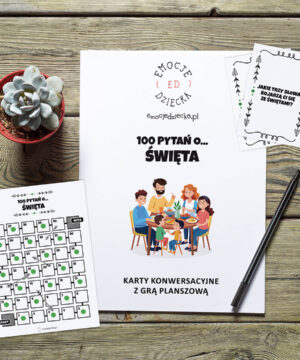 Karty konwersacyjne + gra planszowa „100 pytań o… święta”